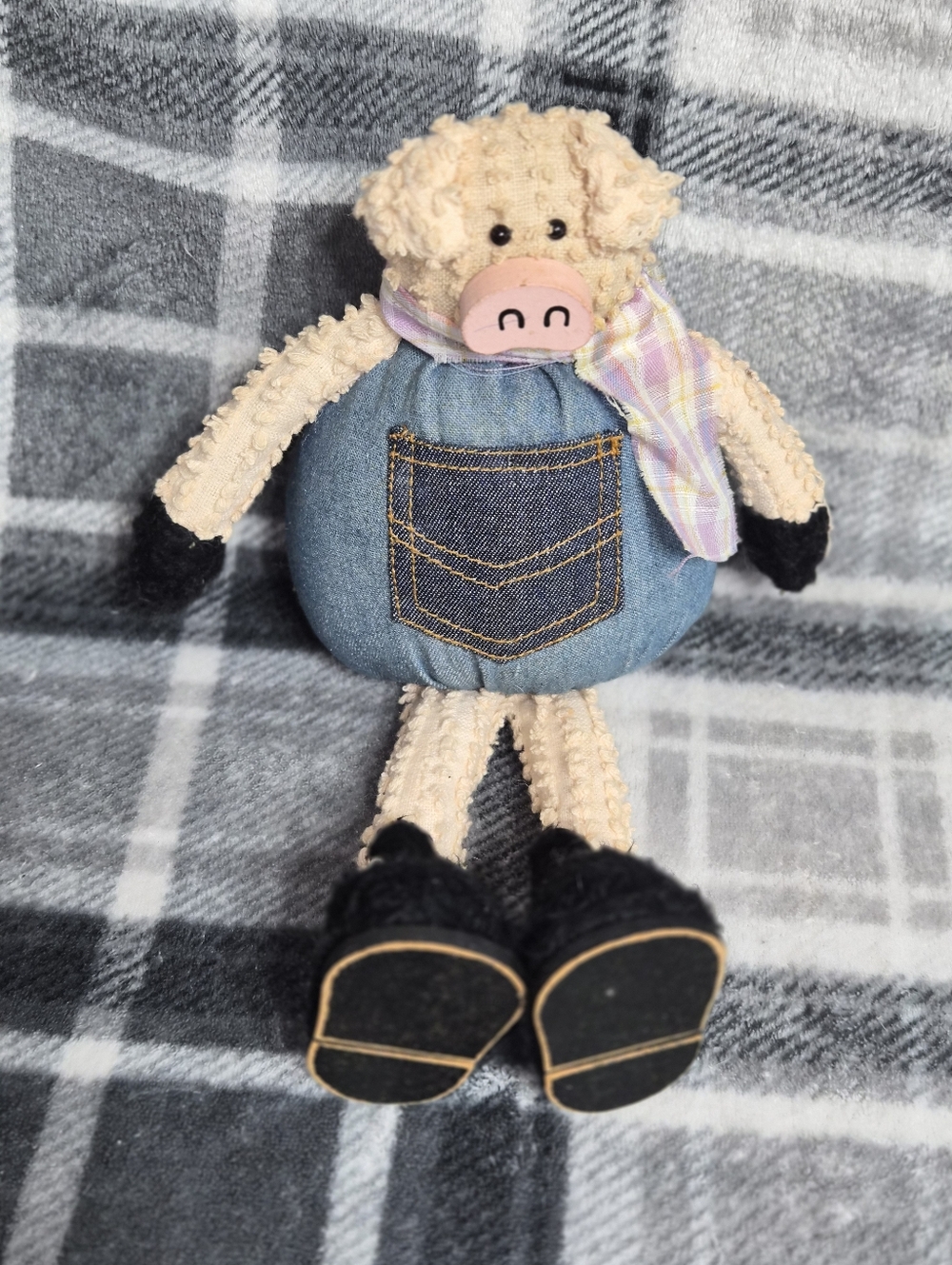 Plush Pig Doll with Denim Pocket and Pastel Scarf - Picture 2 of 3